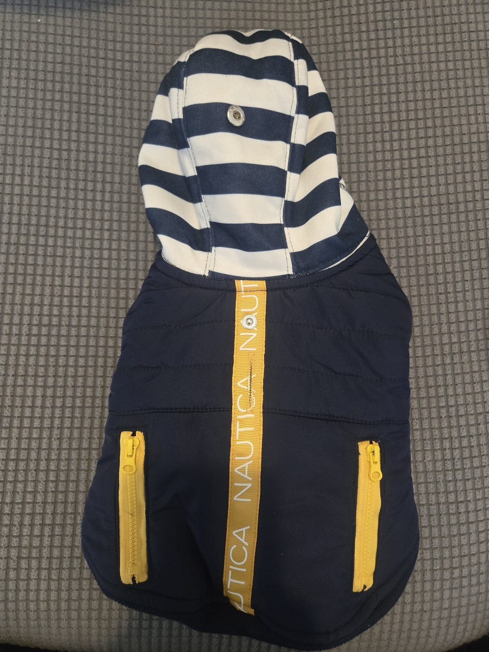 Nautica Navy & Yellow Striped Hooded Dog Jacket